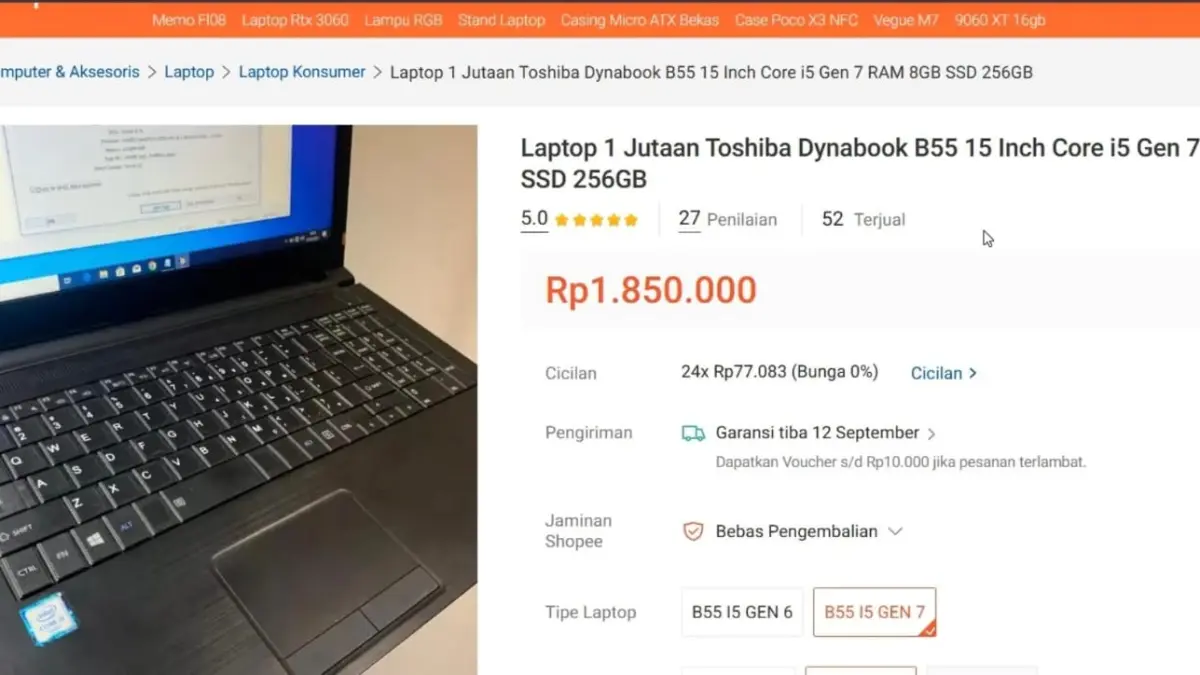 Toshiba Dynabook B55 dibanderol sekitar Rp1,85 juta dengan Intel Core i5 Gen 7, RAM 8 GB, dan SSD 128 GB, serta masih bisa di-upgrade sesuai kebutuhan.