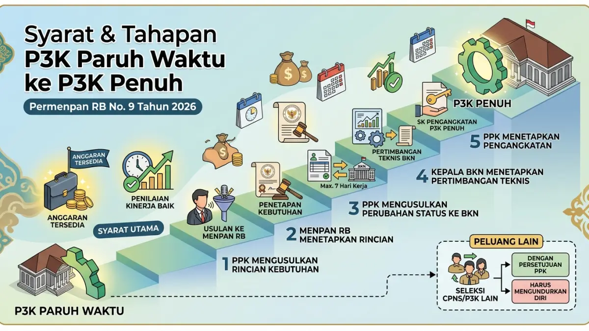 P3K Paruh Waktu bisa diangkat menjadi P3K penuh. Simak syarat, tahapan, penilaian kinerja, dan ketentuan terbaru Permenpan RB 9/2026. (Youtube. com)