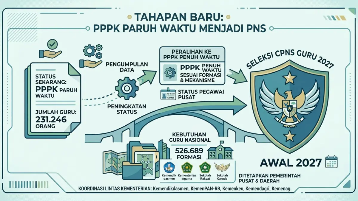 PPPK paruh waktu jadi PNS memasuki tahap baru. Sebanyak 231.246 guru akan diproses menjadi PPPK penuh waktu dan berpeluang ikut seleksi PNS 2027. (Youtube. com)