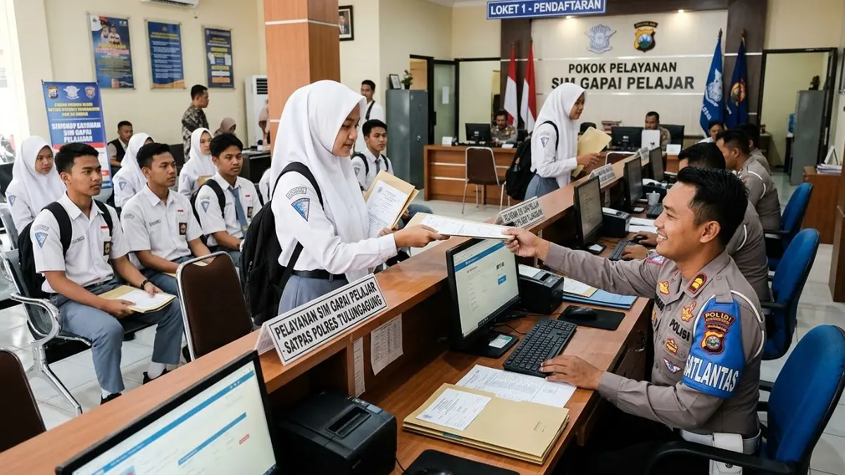 SIM Gapai Pelajar Tulungagung hadir untuk memudahkan pelajar mendapatkan pelayanan SIM. Layanan khusus ini dibuka setiap Rabu pukul 13.30–16.00 WIB di Satpas Polres Tulungagung dengan membawa persyaratan.(Ilustrasi AI)