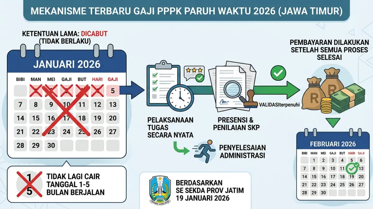 Gaji PPPK paruh waktu 2026 tak lagi cair awal bulan di Jawa Timur. Pembayaran menunggu presensi, SKP, tugas, dan proses administrasi. (Youtube. com)