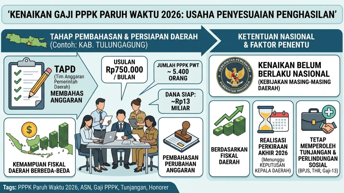 Kenaikan gaji PPPK paruh waktu 2026 mulai dibahas di sejumlah daerah. Simak usulan nominal, anggaran, dan faktor yang menentukan penghasilan. (Youtube. com)