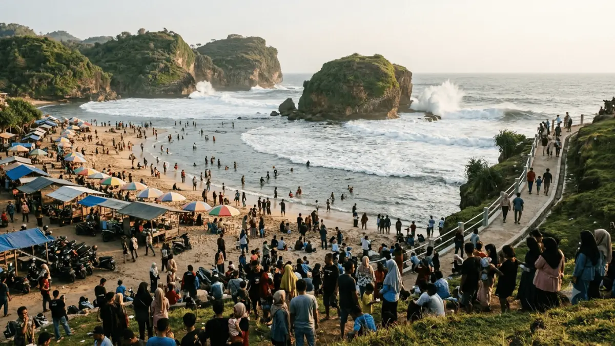 Pantai Lumbung Tulungagung kini makin ramai setelah akses dibangun. Namun, ombak besar dan kondisi pasang membuat wisatawan perlu waspada.