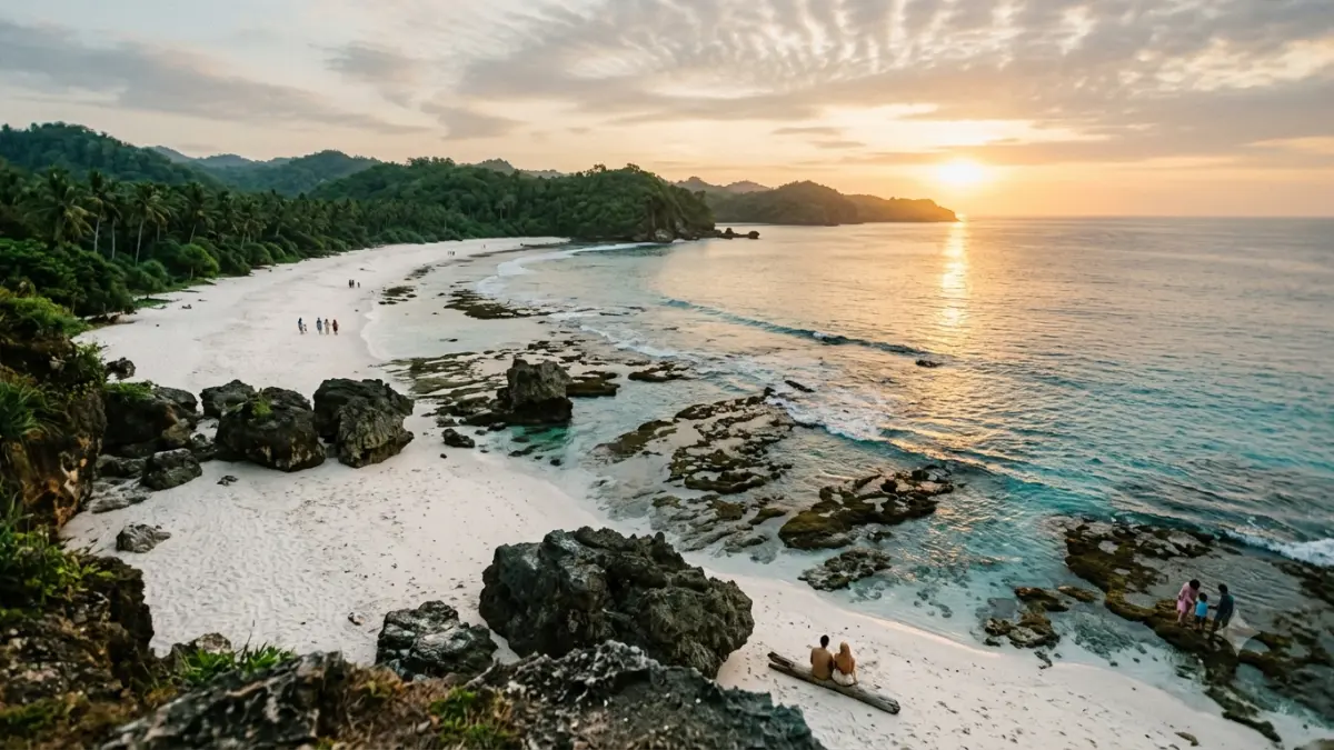 Pantai Sanggar Tulungagung memiliki pasir putih dan air jernih, tetapi pengunjung dilarang berenang karena kontur batu karangnya.