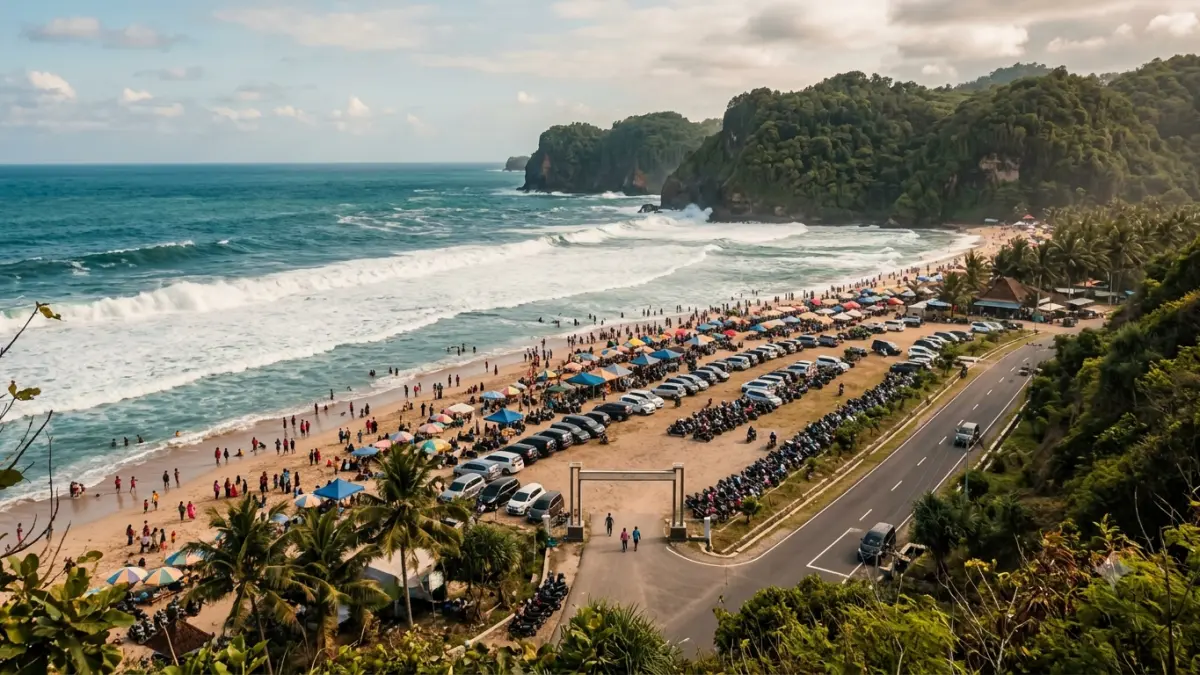 Pantai Sine terlihat ramai dalam rekaman terbaru. Akses mobil disebut lebih mudah, sementara pedagang dan nelayan turut meramaikan kawasan.