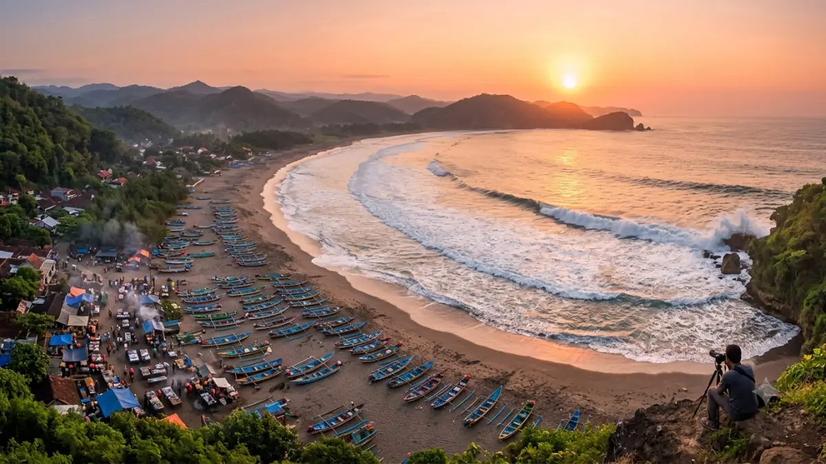 Pantai Sine Tulungagung memiliki bentuk menyerupai teluk, hutan lindung, tebing, pasar ikan, dan ombak yang cukup besar.