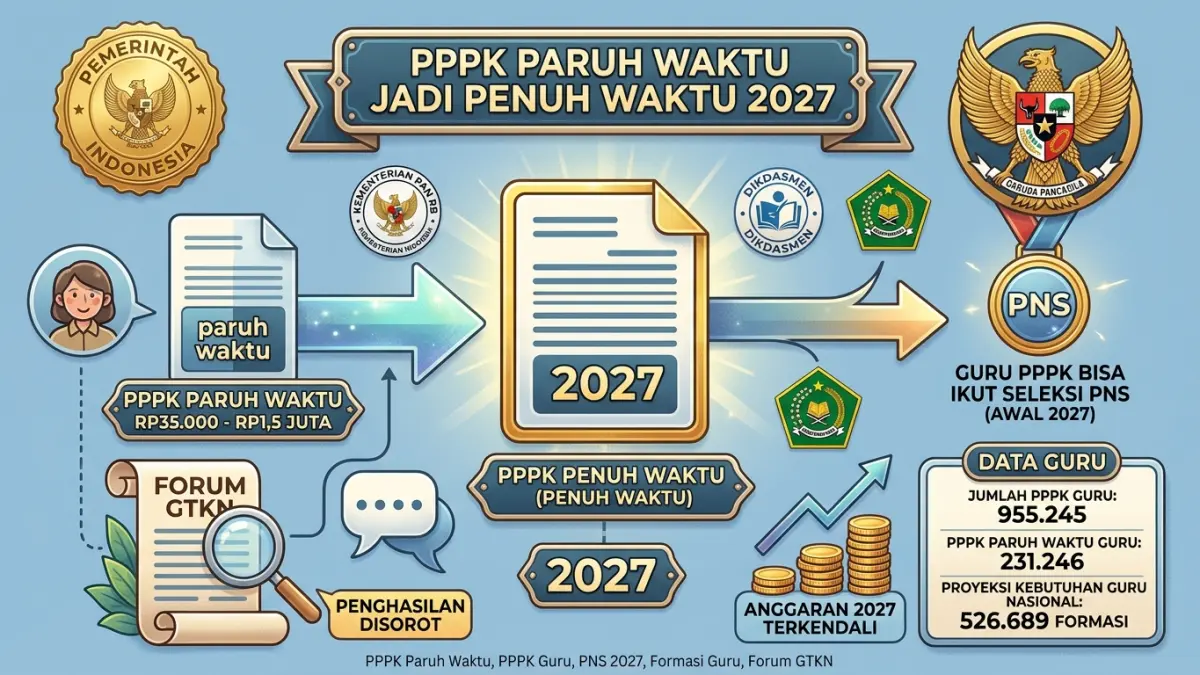 PPPK Paruh Waktu diarahkan menjadi penuh waktu pada 2027. Guru PPPK penuh waktu juga mendapat kesempatan mengikuti seleksi PNS. (Youtube. com)