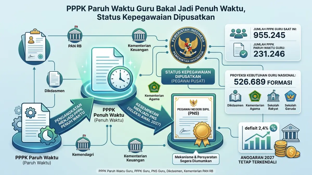 PPPK Paruh Waktu Guru bakal diangkat menjadi penuh waktu. Guru PPPK juga diberi kesempatan berproses menjadi PNS dan statusnya dipusatkan. (Youtube. com)