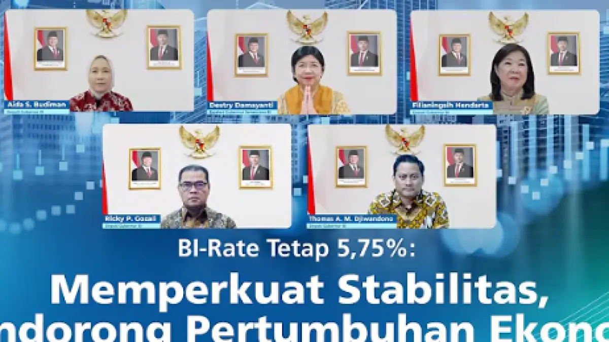 BI Rate tetap 5,75 persen. Bank Indonesia fokus menjaga rupiah, inflasi, likuiditas, serta mendorong pertumbuhan ekonomi di tengah gejolak global.
