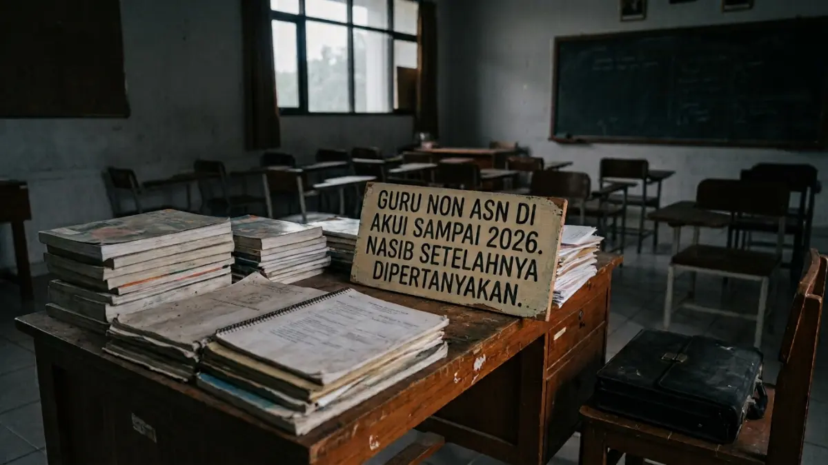 Guru non ASN 2026 masih diakui hingga akhir tahun. Guru berserdik mendapat TPG Rp2 juta, sementara skema setelah 2026 belum pasti. (Youtube. com)