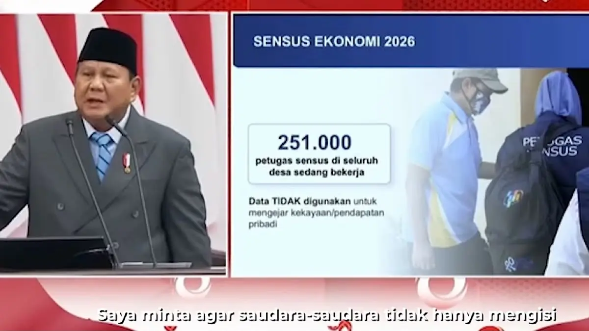 Prabowo meminta masyarakat jujur mengisi Sensus Ekonomi BPS 2026 karena kualitas data menjadi dasar pemerintah menyusun kebijakan dan anggaran.(SC Youtube)