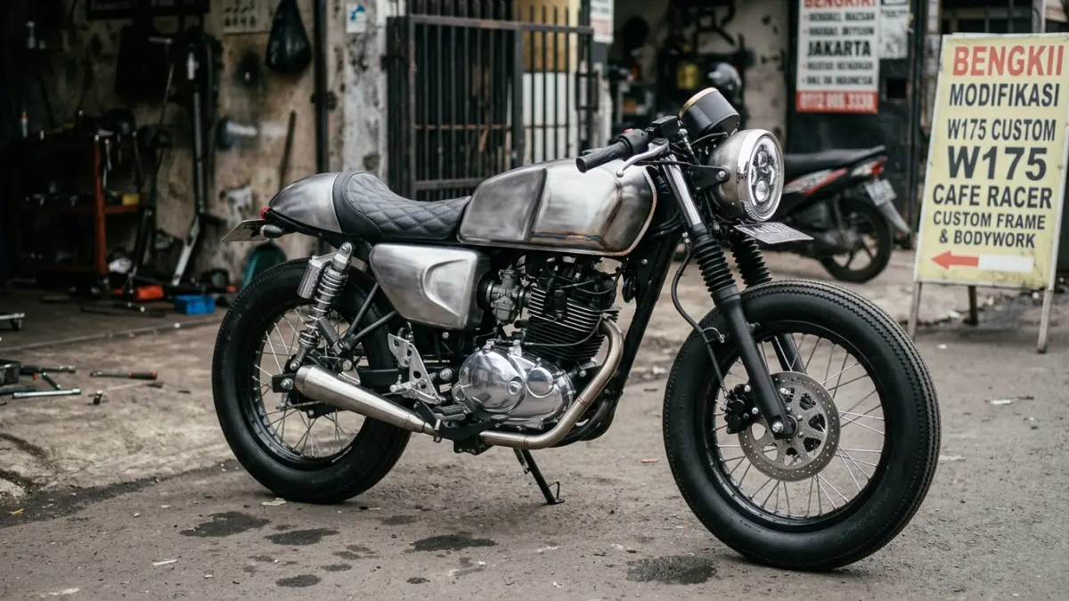 Kawasaki W175 Cafe Racer ini dirombak total dengan frame custom, bodywork baru, kaki-kaki gambot, lampu LED, dan detail klasik. (Youtube, com)
