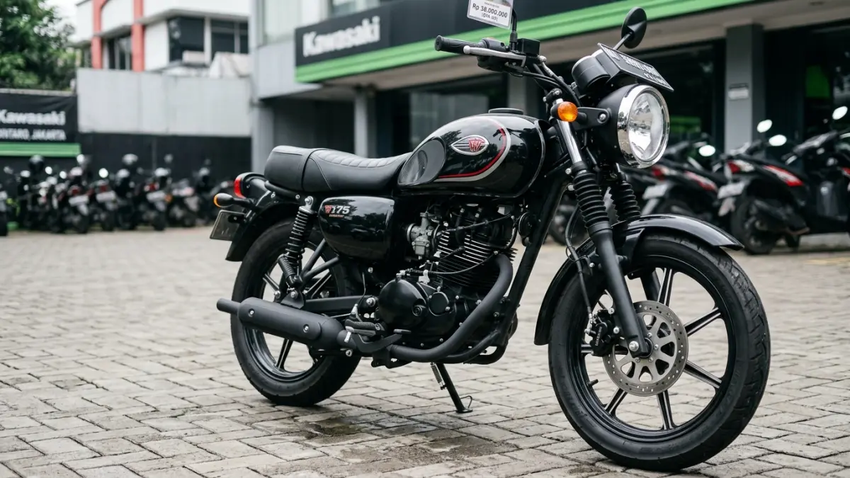 Kawasaki W175 Street 2026 dibanderol Rp38,9 juta di Jakarta. Motor retro ini mendapat pelek palang tubeless, ABS, injeksi, dan panel digital. (Youtube. com)