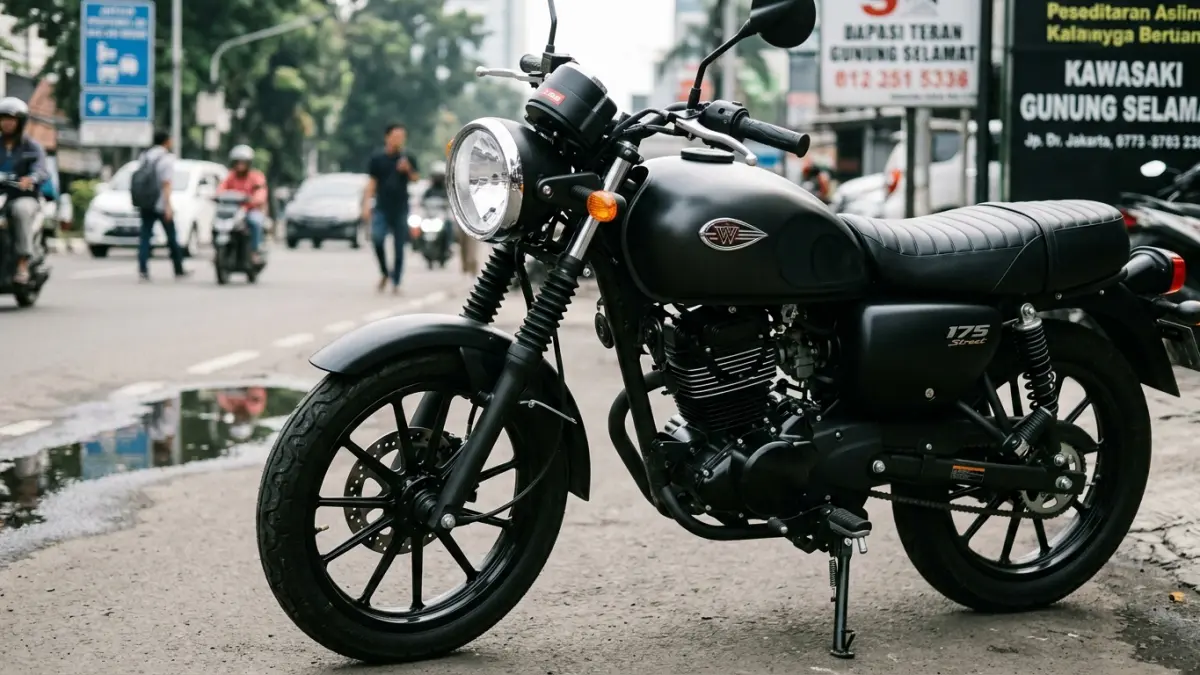W175 Street menjadi Kawasaki terbaru 2026 dengan mesin injeksi, casting wheel, ABS single channel, dan desain retro yang lebih sporty. (Youtube. com)