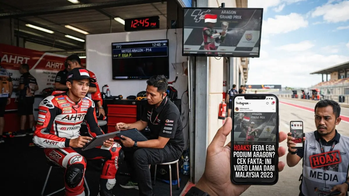 Feda Ega Pratama disebut meraih podium Aragon dan dipuji Rossi serta Ogura. Namun, video tersebut mengakui narasinya adalah hoaks.