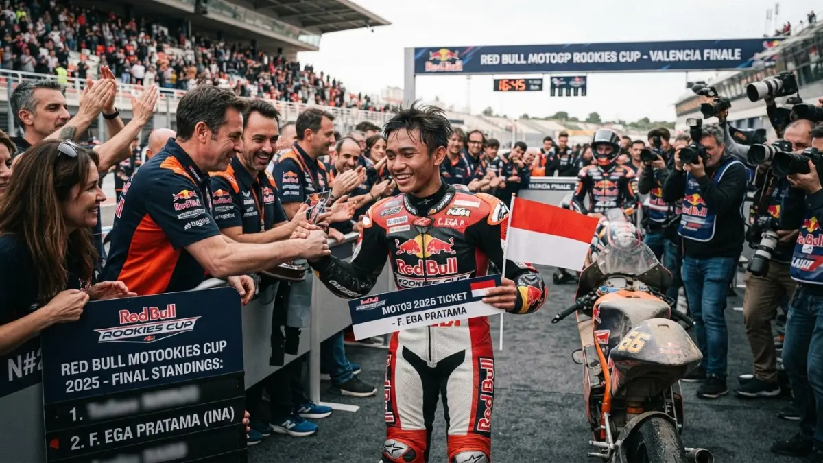 Feda Ega Pratama menjadi vice champion Red Bull Rookies Cup 2025 dengan 181 poin dan meraih tiket menuju Moto3.