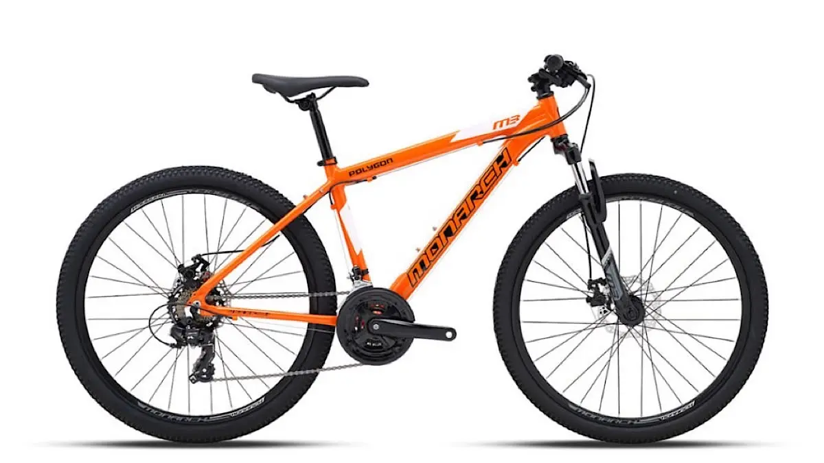 Polygon Monarch M3 2023 hadir dengan warna grey orange, rangka alloy, roda 26 inci, bobot 14,6 kg, dan harga sekitar Rp2,3 jutaan.(pinterest)