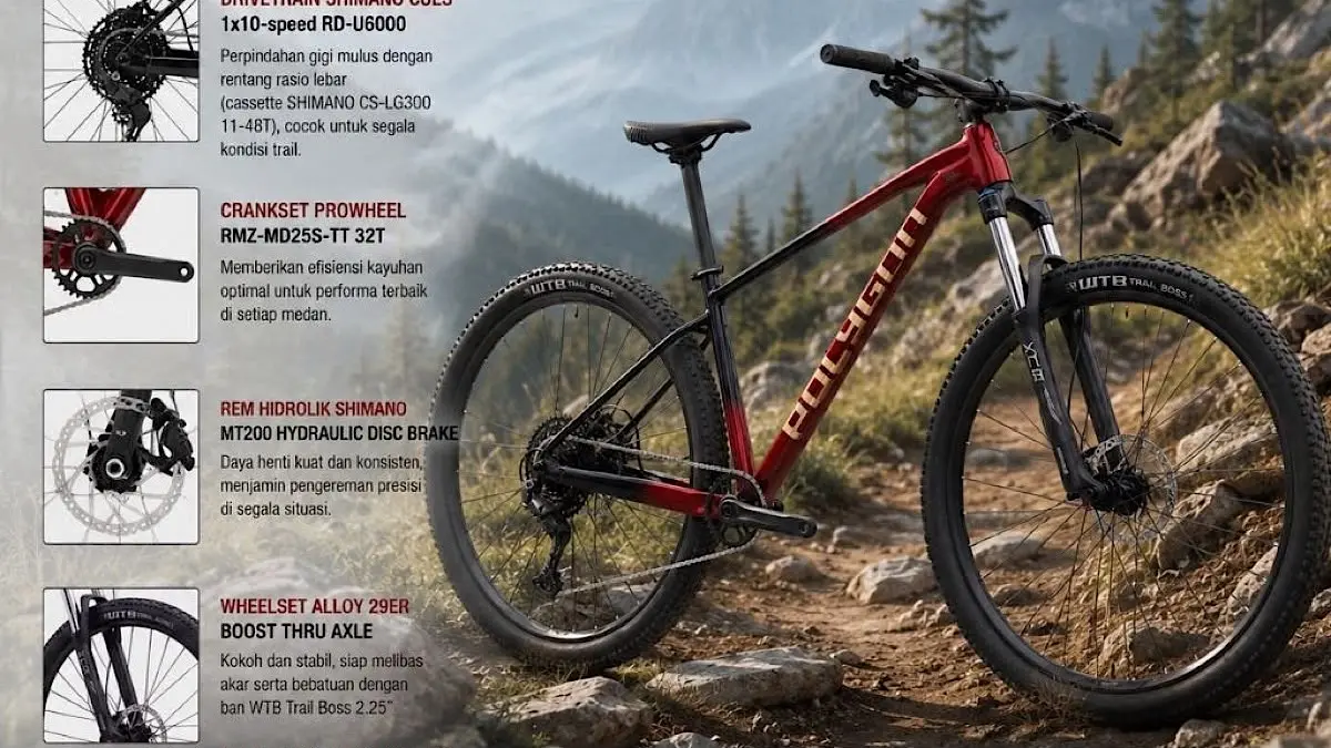 Review Polygon Xtrada 5 2026 dengan roda 29 inci, Shimano CUES 1x10 speed, Suntour XCM32, rem MT200, dan harga kisaran Rp6,5 juta.(pinterest)