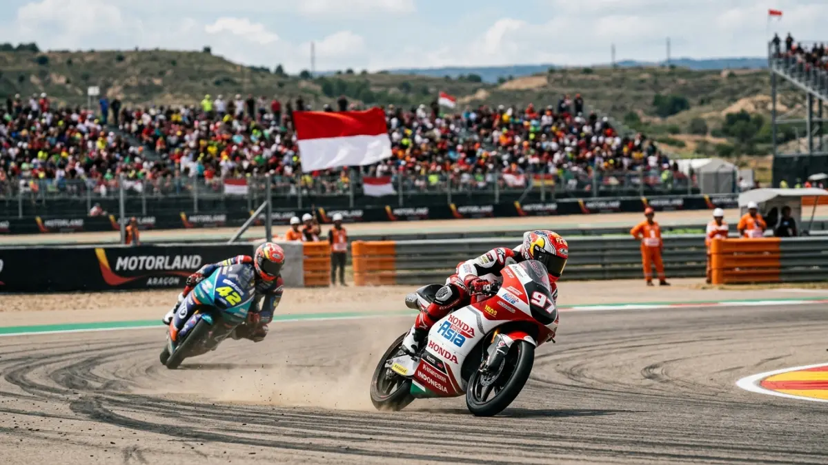 Veda Ega Pratama disebut meraih P1 di Aragon setelah nyaris crash. Pembalap Indonesia itu bangkit dan merebut kemenangan pada lap-lap akhir. (Youtube. com)