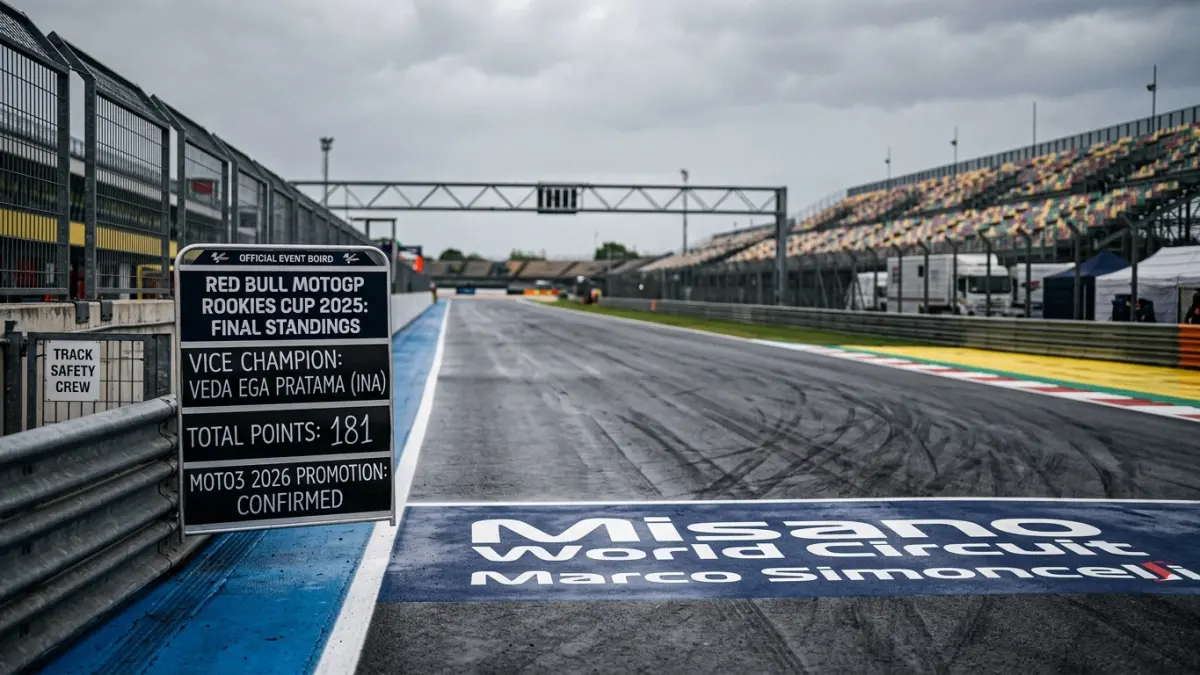Veda Ega Pratama menjadi vice champion Red Bull MotoGP Rookies Cup 2025 dengan 181 poin dan meraih tiket menuju Moto3. (Youtube. com)