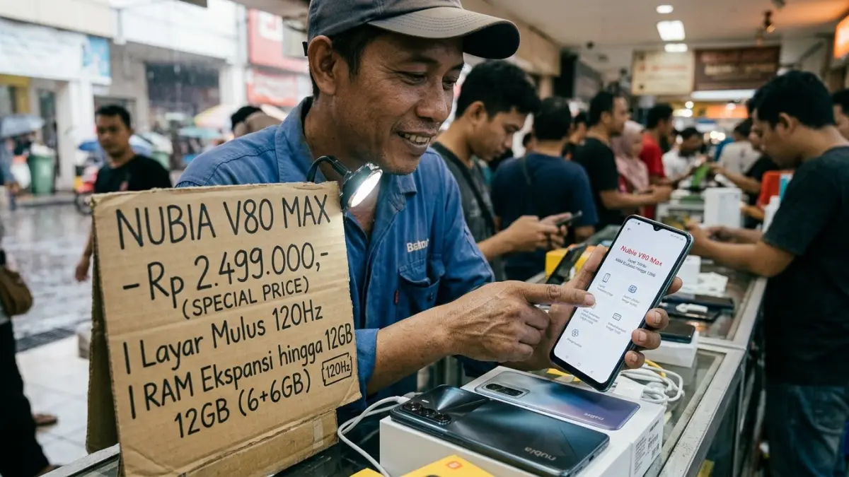 Nubia V80 Max Rp2,4 jutaan membawa layar 6,9 inci 120 Hz, baterai 6.000 mAh, RAM ekspansi hingga 12 GB, dan storage 128 GB.