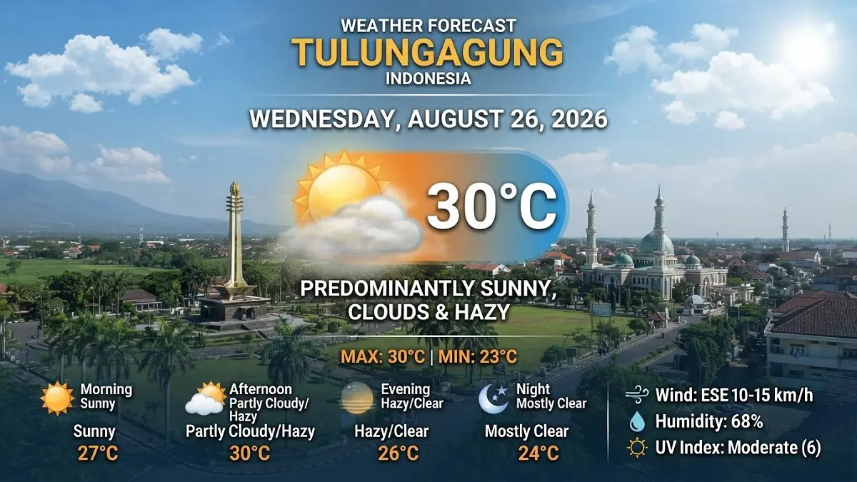 Prakiraan cuaca Tulungagung besok, 26 Agustus 2026, didominasi cerah berawan dan udara kabur dengan suhu hingga 30 derajat Celsius.(Ilustrasi AI)