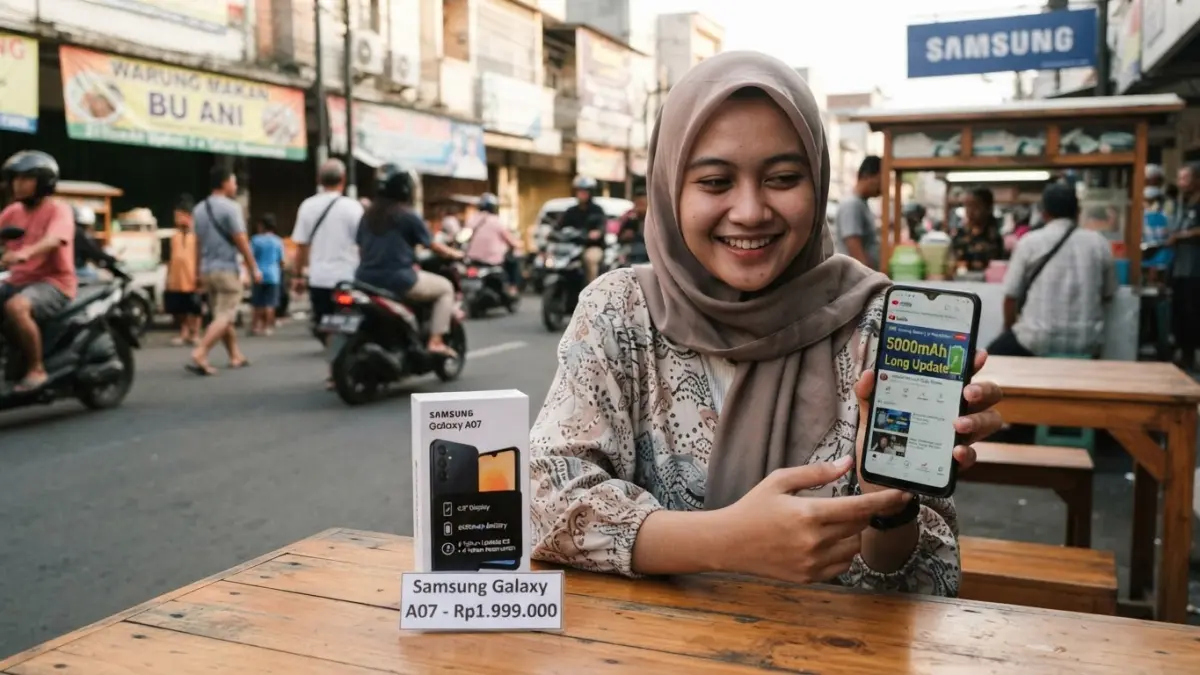 Samsung Galaxy A07 Rp1,9 jutaan menawarkan Helio G99, layar 90 Hz, baterai 5.000 mAh, kamera 50 MP, dan dukungan update panjang.