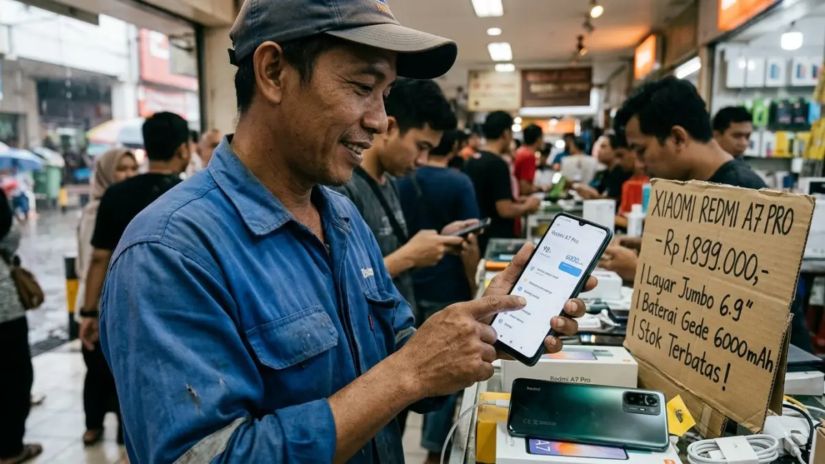 Xiaomi Redmi A7 Pro mulai Rp1,8 jutaan membawa layar 6,9 inci, baterai 6.000 mAh, kamera 13 MP, dan HyperOS terbaru.