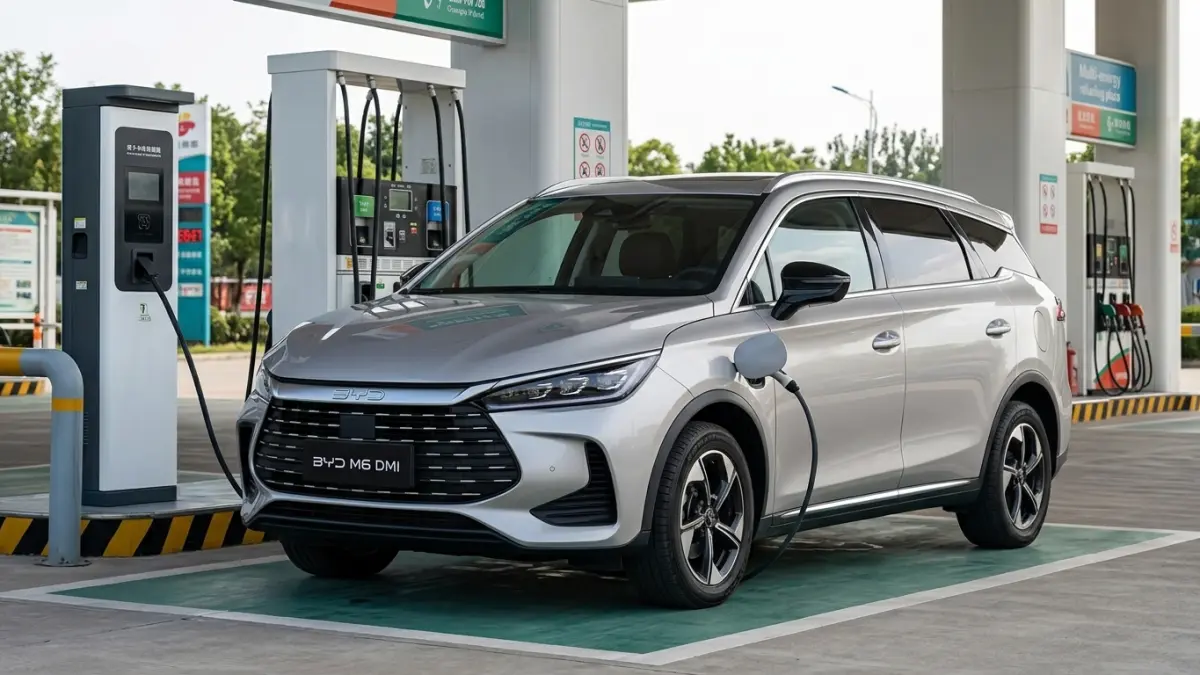 BYD M6 hybrid membawa teknologi DMI yang bisa ngecas listrik dan isi bensin, dengan tiga mode berkendara serta baterai belasan kWh. (Youtube. com)