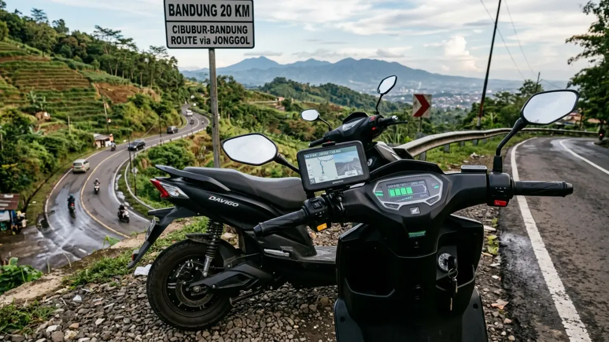Davigo Dragon diuji dari Cibubur ke Bandung sejauh 140 km. Baterai masih tersisa tiga strip dari klaim jarak tempuh 200 km. (Youtube. com)