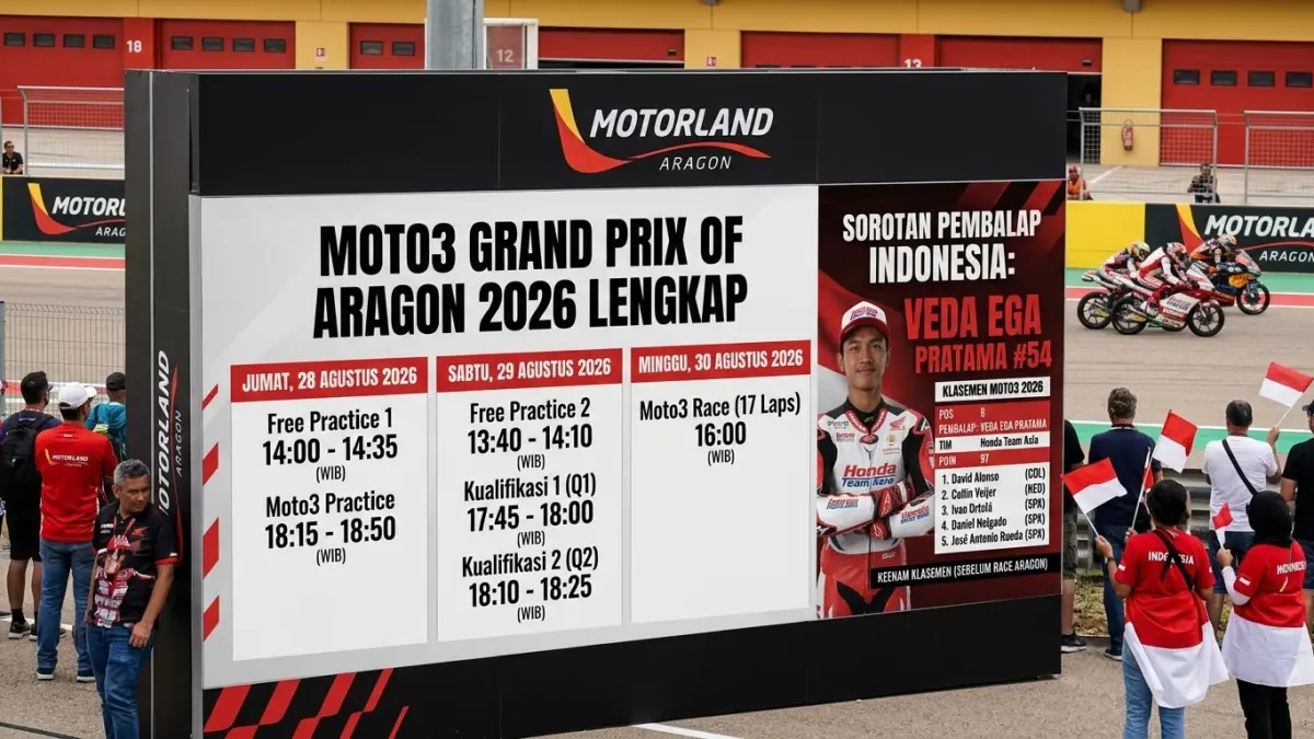 Jadwal Moto3 Aragon 2026 dimulai 28 Agustus. Feda Ega Pratama berada di posisi keenam klasemen dengan 97 poin.