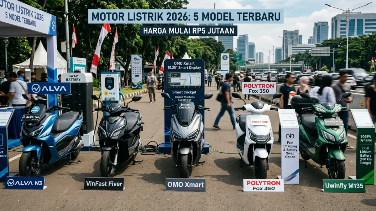 Motor listrik 2026 semakin beragam. OMO Xmart, VinFast Fiver, Alva N3, Polytron Fox 350, dan Uwinfly M135 menawarkan fitur serta harga berbeda. (Youtube. com)