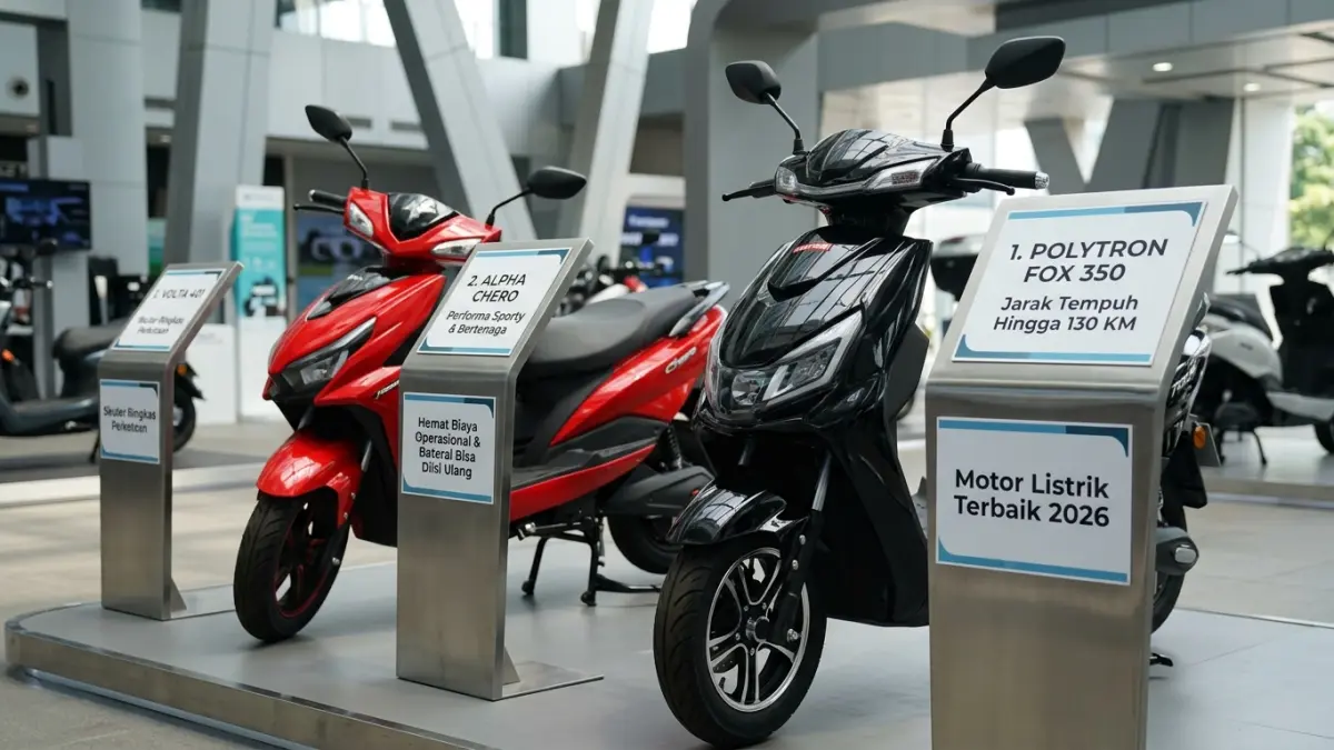 Motor listrik terbaik 2026 hadir dengan pilihan beragam. Simak Polytron Fox 350, Alpha Chero, United TX3000, Honda M1E Plus, dan Volta 401. (Youtube. com)