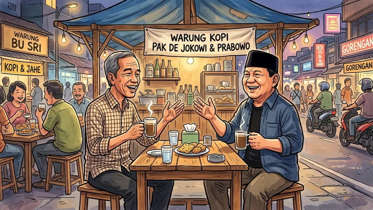 Hidup Jokowi, jempol Prabowo. Opini Soenarwoto menyoroti dinamika hubungan politik Jokowi dan Prabowo yang penuh manuver.(Ilustrasi AI)