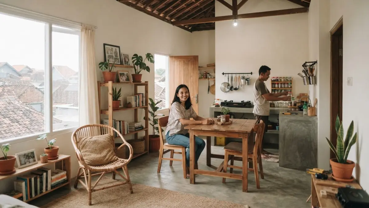 Makeover ruang tamu 2,5 x 3 meter mengubah ruangan mungil menjadi lebih nyaman dengan furnitur, gorden, cermin, dan wall decor.