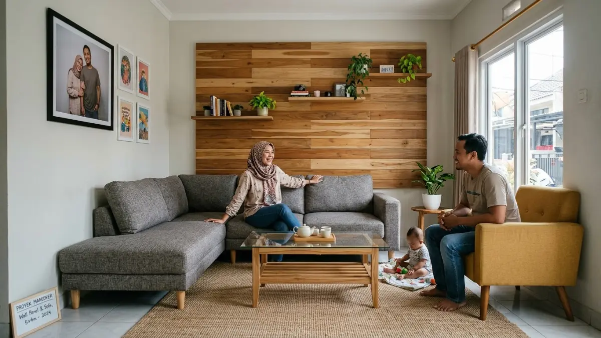 Makeover ruang tamu 5x4 meter dilakukan dengan wall panel motif kayu, standing lamp, meja, gorden lama, dan sofa baru bernuansa ivory.