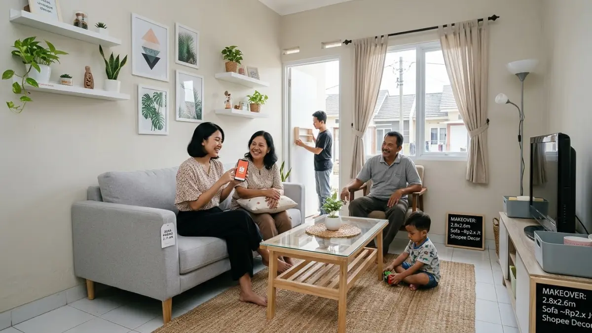 Makeover ruang tamu minimalis 2,8 x 2,6 meter dengan dinding putih, sofa Rp2 juta, karpet vinyl, serta dekorasi bernuansa kayu.
