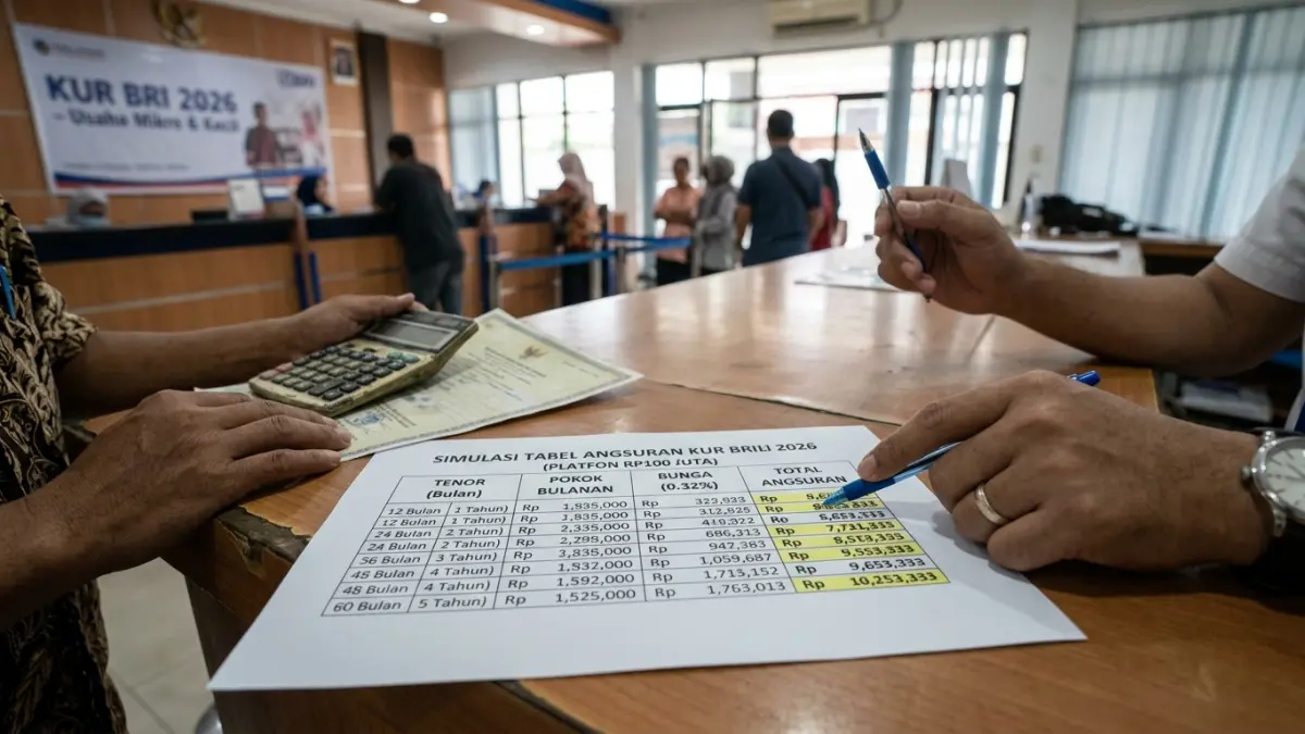 Tabel KUR BRI 2026 menampilkan simulasi angsuran Rp100 juta hingga 5 tahun, dengan bunga 7 persen per tahun. (Gemini AI)