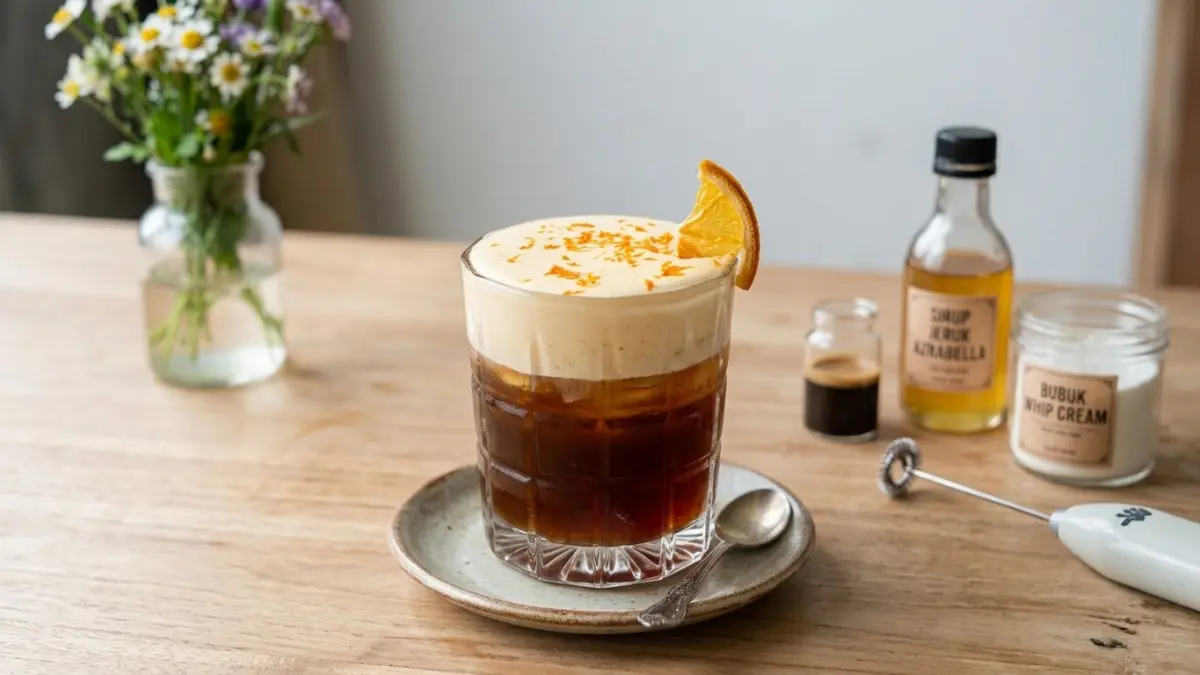 Resep Kopi Mont Blanc dengan Americano dan cloud foam rasa jeruk.(ILUSTRASI AI)