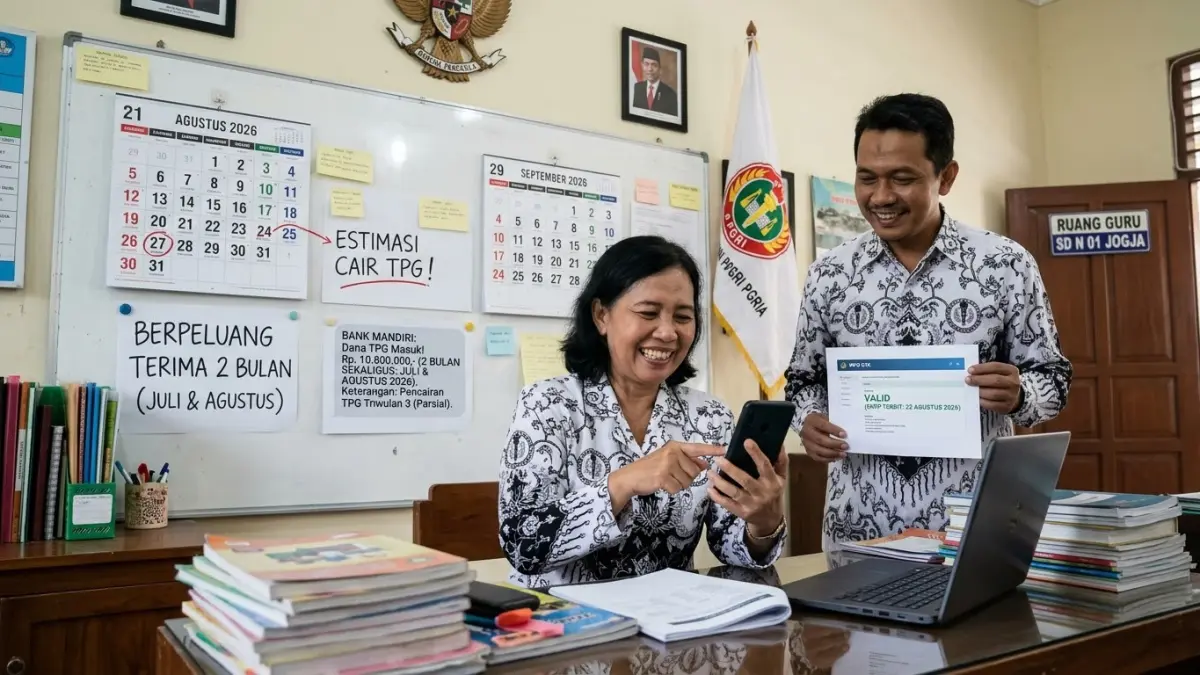 TPG Agustus 2026 diperkirakan cair sekitar 27 Agustus. Guru berpeluang menerima TPG Juli dan Agustus sekaligus setelah SKTP terbit.