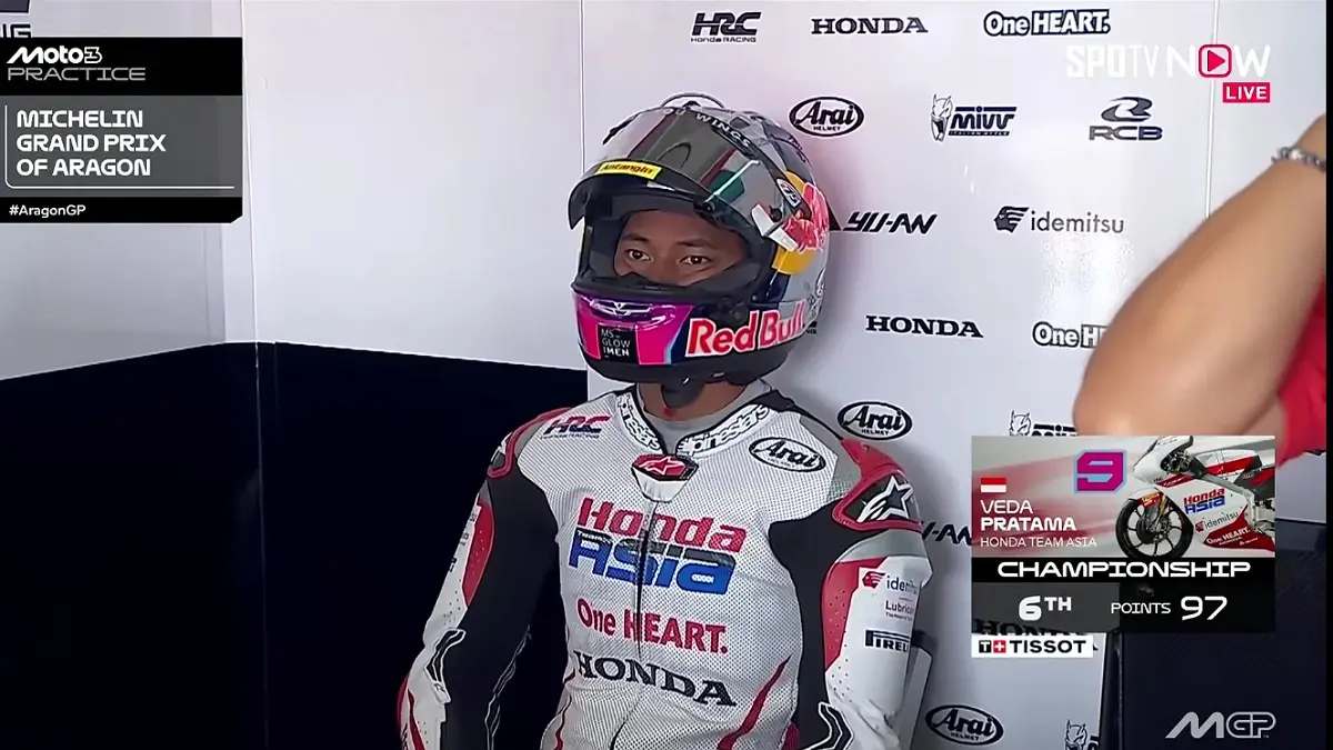 Hasil Moto3 Aragon 2026 FP2 menempatkan Veda Ega Pratama di posisi 20, sementara David Almansa menjadi pembalap tercepat.