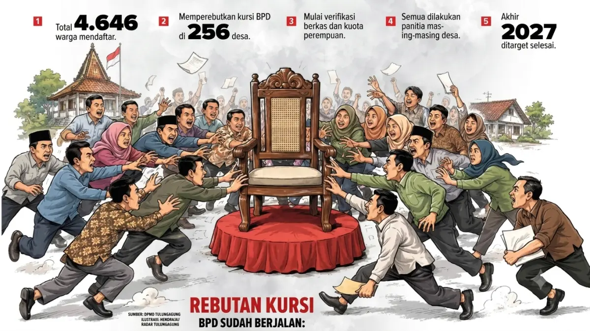 Pendaftar BPD Tulungagung mencapai 4.646 orang dari 256 desa. Kini proses berlanjut ke verifikasi berkas dan pemilihan.(ILUSTRASI AI/HENDRA)