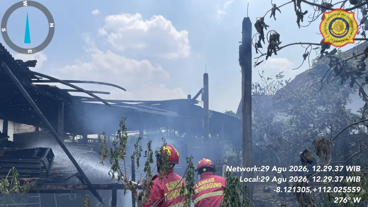 Petugas Damkar Tulungagung mengerahkan dua armada dan satu tangki suplai untuk menangani kebakaran kandang dan tumpukan kayu di Ngunut.(RAHIIQ AL BACHRI/RADAR TULUNGAGUNG)
