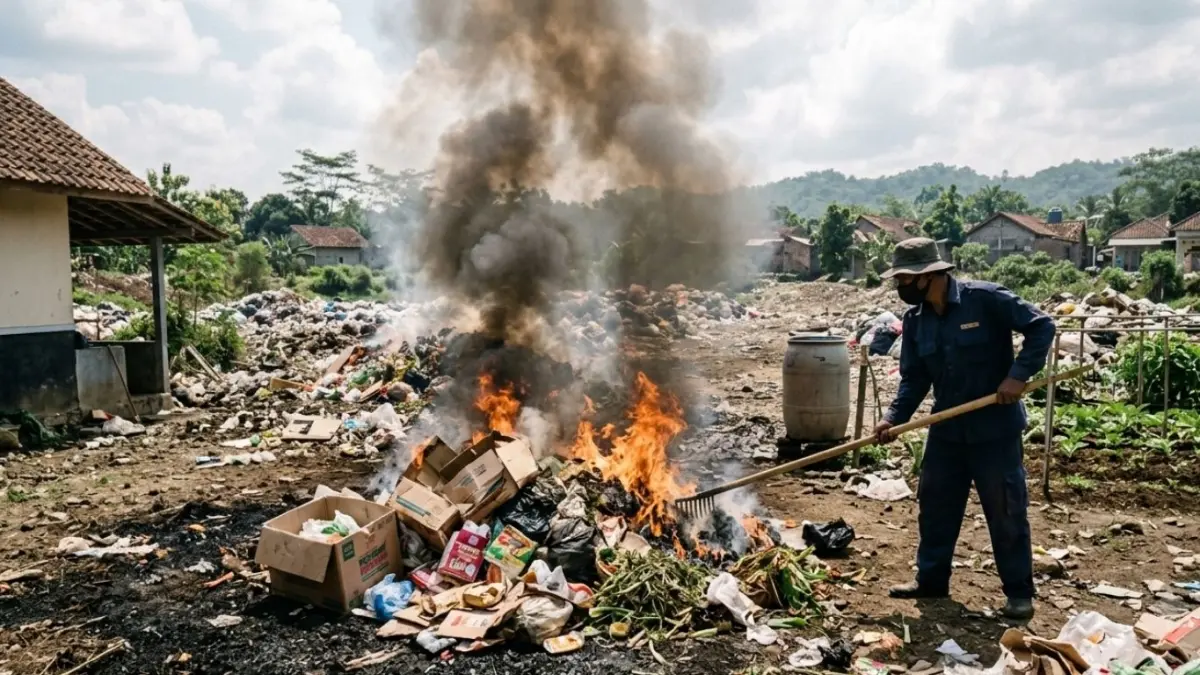 Mengelola sampah rumah tangga tanpa membakar bisa dilakukan dengan memilah, memakai kembali, mendaur ulang, dan memanfaatkan bank sampah.(ILUSTRASI AI)