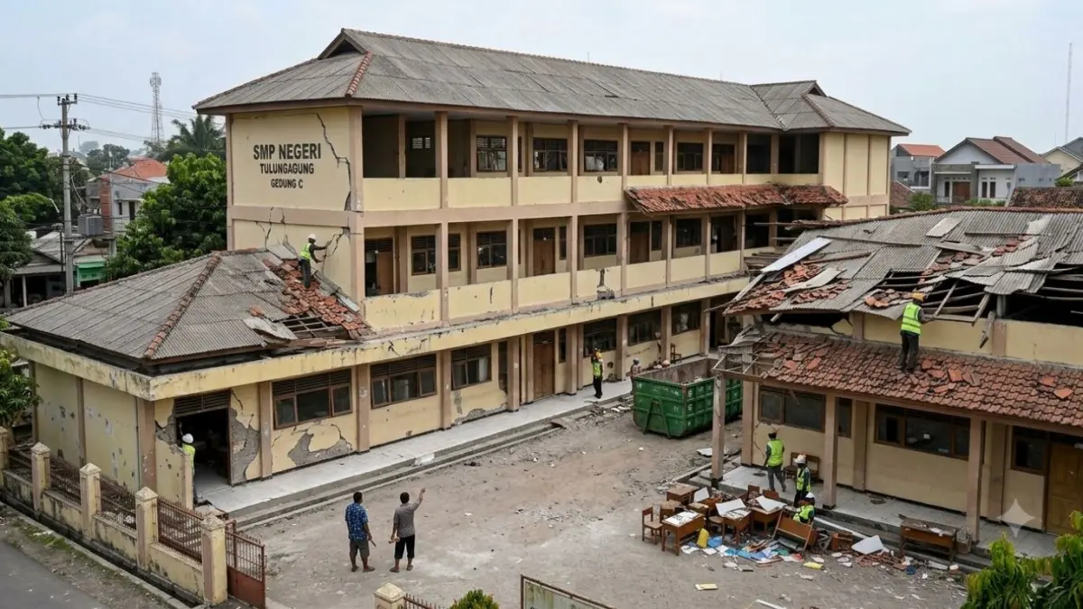 Tanda bangunan sekolah tidak layak digunakan bisa dikenali dari atap, kayu penyangga, plafon, dan dinding yang mulai rusak.(ILUSTRASI AI)