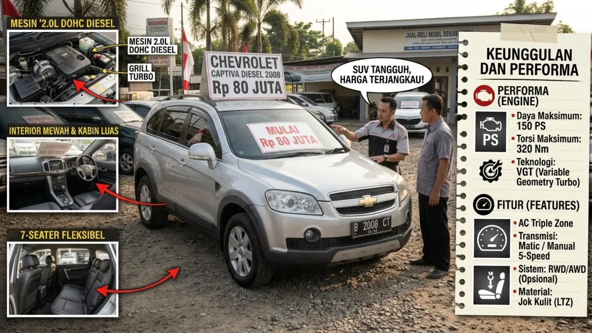 Chevrolet Captiva diesel 2008 mulai Rp80 juta dengan mesin 2.000 cc VGT dan common rail. Simak performa serta penyakit yang perlu diperhatikan.