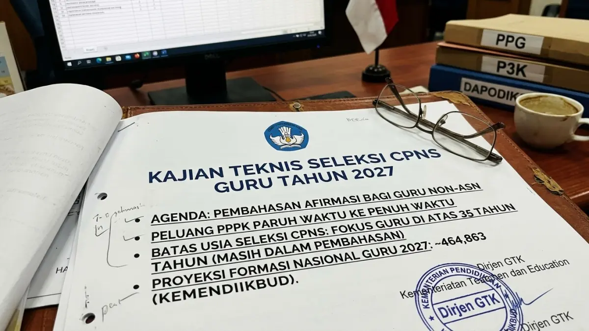 CPNS Guru 2027 membuka peluang bagi guru non-ASN, lulusan PPG dan fresh graduate. Aturan usia 35 tahun masih menjadi sorotan. (Gemini AI)