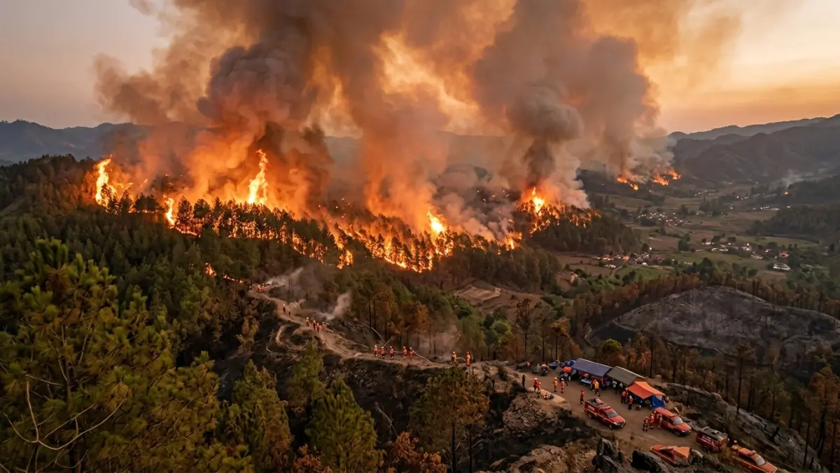 Daun jati kering mudah terbakar saat cuaca panas. Ketahui bagaimana angin kencang membuat api lebih cepat meluas di kawasan hutan.(ILUSTRASI AI)