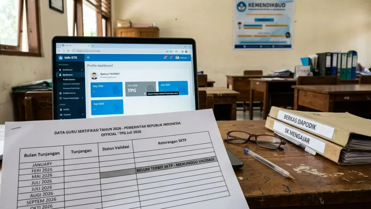 TPG Juli 2026 berstatus abu-abu di Info GTK? Simak penjelasan soal peluang pencairan, arisan jam, validasi data, dan SKTP. (Gemini AI)