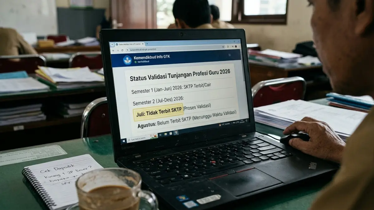 Tunjangan profesi guru 2026 belum valid pada Juli-Agustus? Simak penjelasan soal validasi, 24 JP linier, Dapodik, dan SKTP. (Gemini AI)